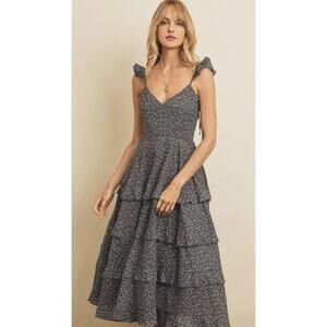 5071 Dress Forum Temecula Dress Navy Floral Sleeveless Tiered Ruffle Midi Small